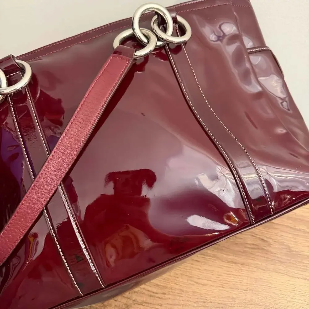 Coach Burgundy Patent Leather Tote Bag with Turnlock Pockets
